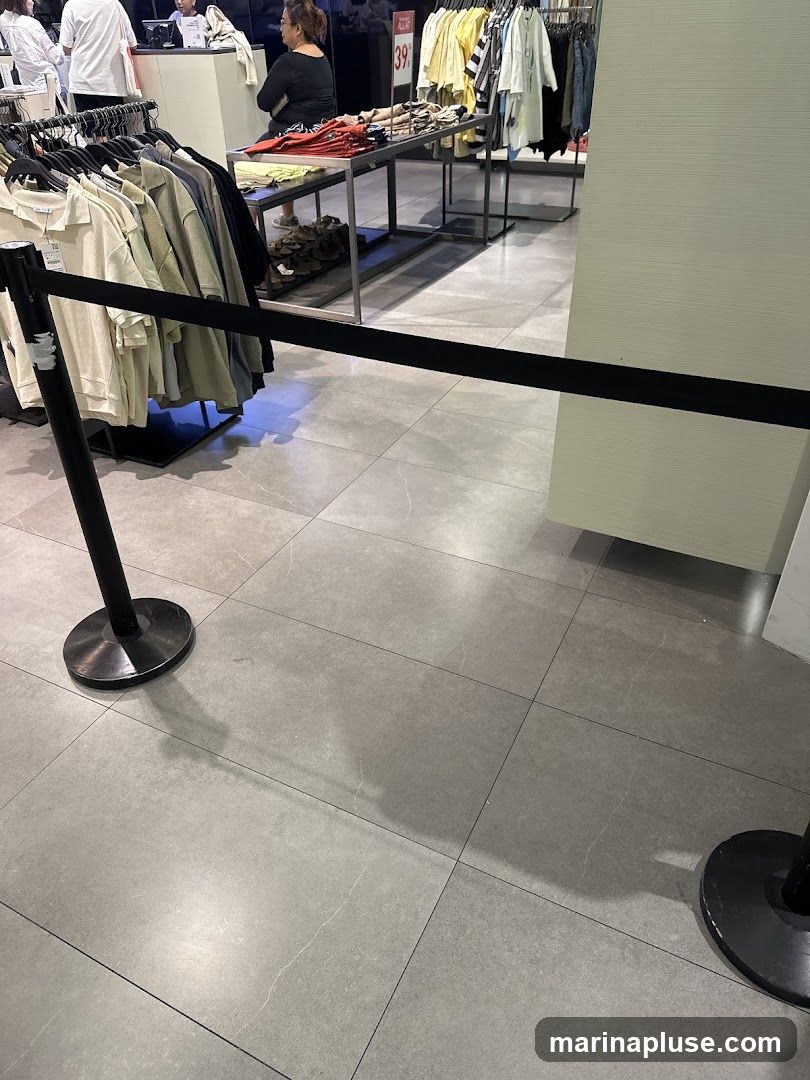 The image shows the interior of a clothing store. Racks of clothes are visible, along with a display table. A black velvet rope barrier is set up on the tiled floor, suggesting a queue area. In the background, a cashier counter and customers can be seen. A sign with "39" is visible, possibly indicating a price or sale item.