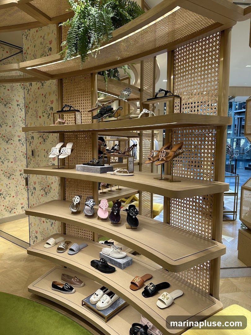 A well-lit interior shot of a boutique displaying various women's shoes on light wood shelves. The shelves are arranged in a staggered, curved pattern, with some featuring woven cane accents. Lush green ferns hang from the top shelf, adding a natural element. The shoes on display include sandals, flip-flops, espadrilles, and loafers, many featuring the Tory Burch logo. The background shows a glimpse of the store's interior, with floral wallpaper on one side and a reflective surface on the other.