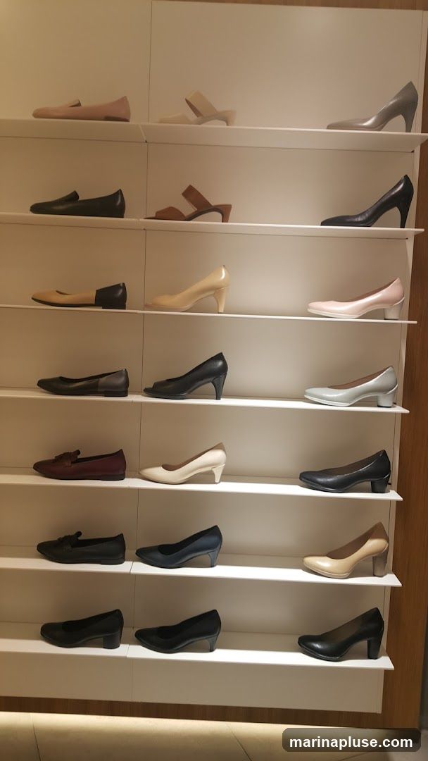 A display of women's shoes on white shelves. The shoes include various styles such as flats, heels, and sandals in colors like pink, beige, black, brown, and gray.