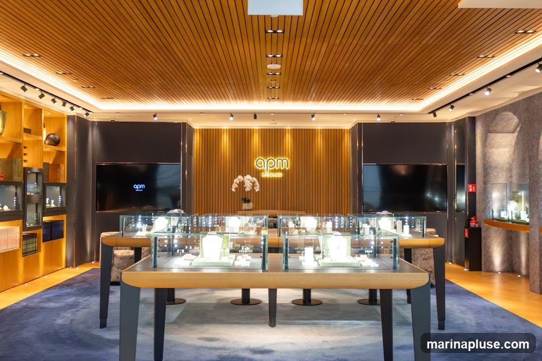 The interior of a modern jewelry store with display cases filled with jewelry. The store features a wooden slatted ceiling and walls, with a prominent illuminated logo that reads "apm monaco". There are also large screens on the walls and shelves displaying more merchandise.