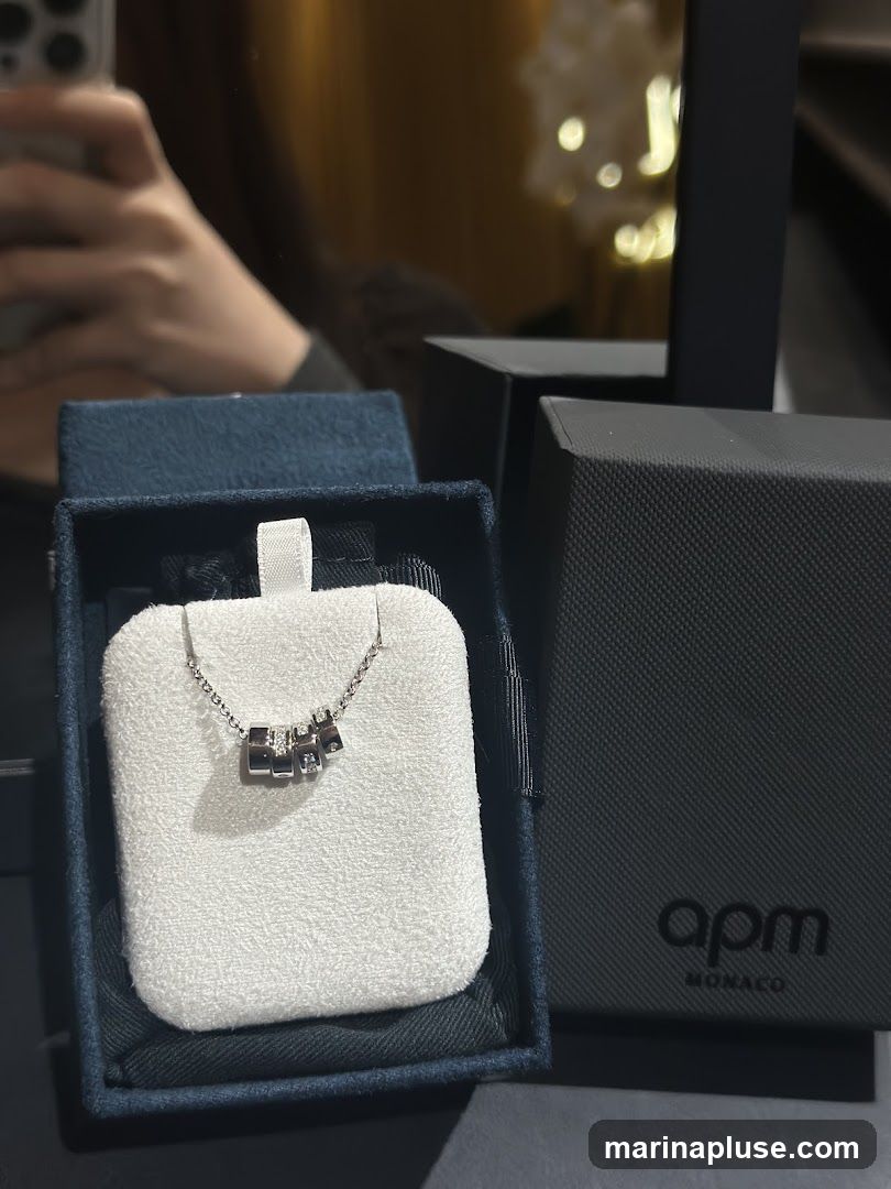 A silver necklace with geometric charms is displayed in a dark blue velvet jewelry box. Next to the box is a black textured box with the APM Monaco logo. The background is blurred, showing reflections of lights.