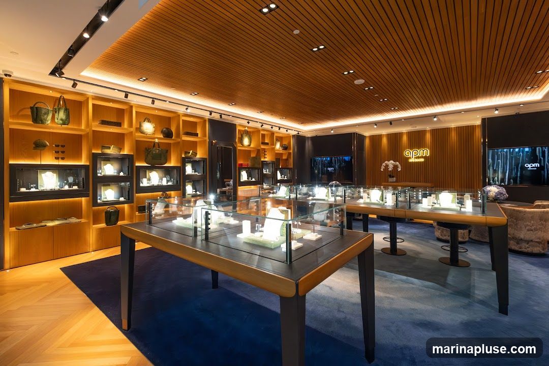 A well-lit, modern jewelry store interior with wooden shelving and display cases. The shelves are stocked with handbags, sunglasses, and jewelry. Several glass display cases showcase necklaces, earrings, and other jewelry items. A prominent logo for 'apm MONACO' is visible on a wall in the background, along with screens displaying imagery. The floor is covered in a dark blue carpet, and the ceiling features a slatted wooden design with integrated lighting.