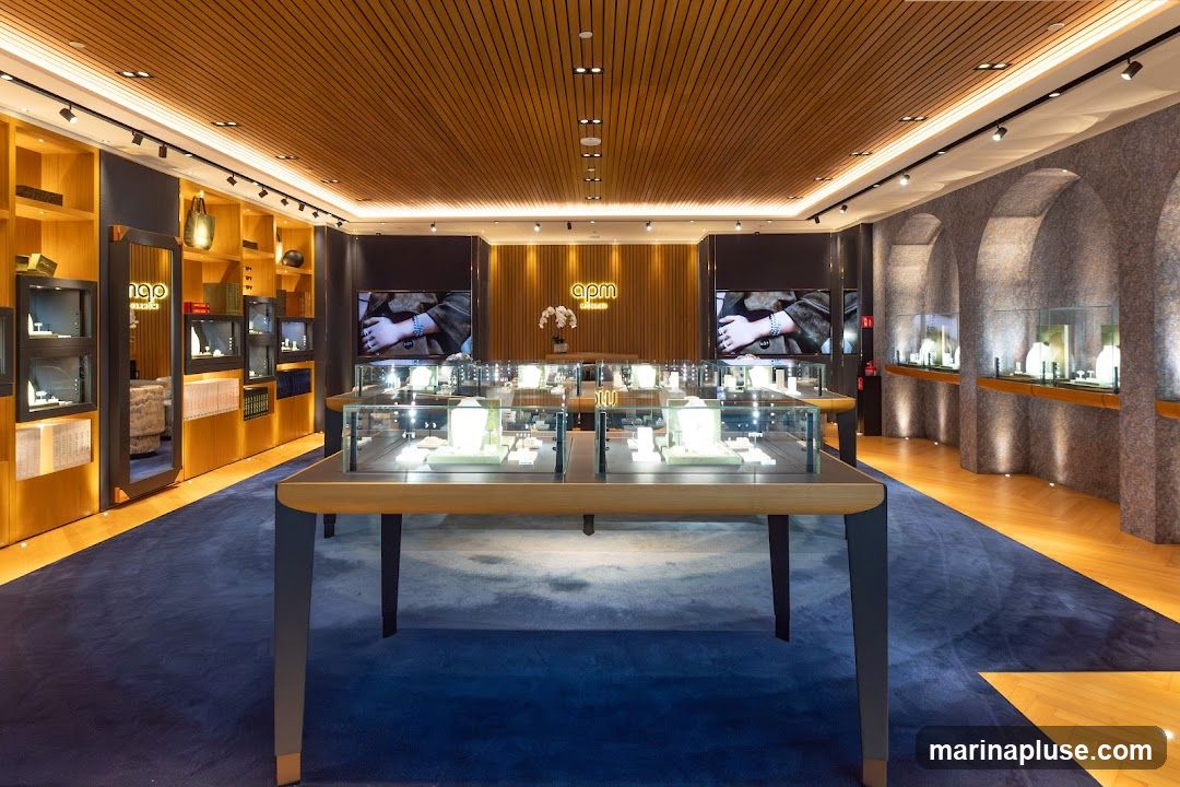 The interior of a modern jewelry store with display cases filled with jewelry. The store features a wooden ceiling, blue carpet, and illuminated display shelves. Two large screens on the back wall show advertisements. The brand logo 'apm monaco' is visible on the back wall.