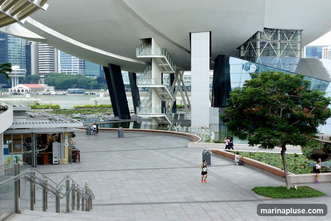 An outdoor plaza with modern architecture, featuring a large, curved white structure supported by dark columns. In the foreground, there is a small kiosk or cafe with outdoor seating. Several people are visible walking and one person is jogging. In the background, there are city buildings and a body of water. A tree with green foliage stands in the middle ground.