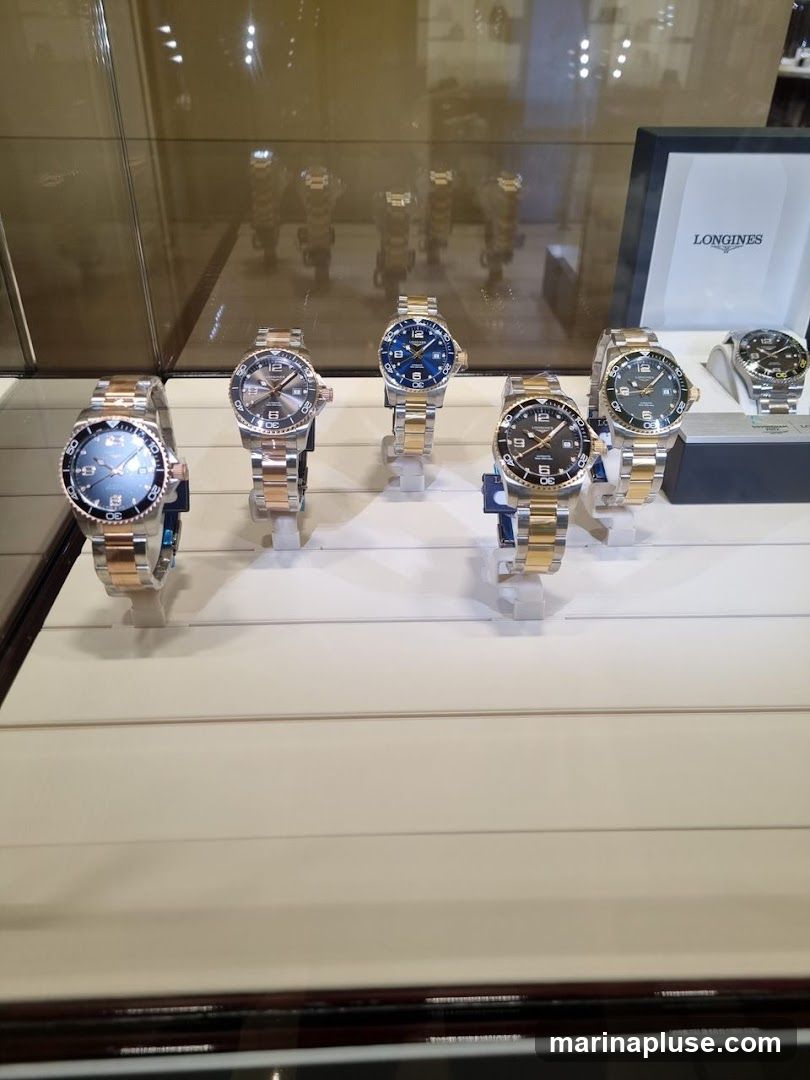 A display case filled with several Longines watches. The watches are made of silver and gold-toned metal, with various dial colors including blue and grey. A Longines branded box is visible in the background.