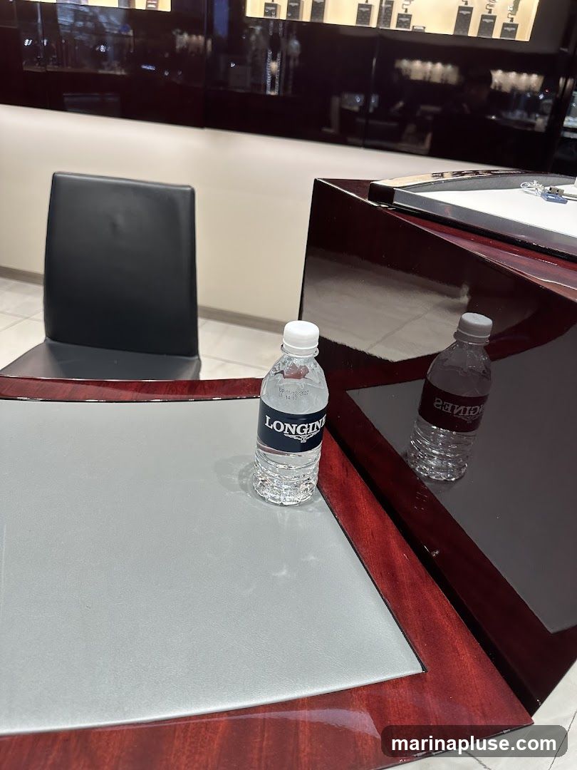 Two bottles of Longines branded water are placed on a polished wooden counter in what appears to be a jewelry store. A black leather chair is visible in the background, along with display cases filled with merchandise.