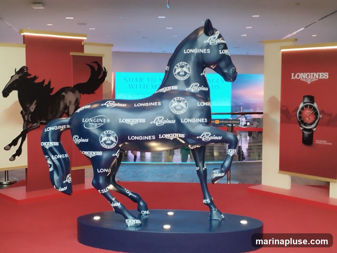 A dark blue sculpture of a horse, covered in repeating Longines logos and emblems, is displayed on a circular blue platform. The sculpture is set against a backdrop of red and cream colored panels, with a black silhouette of a running horse on the left. To the right, a red banner features a Longines watch advertisement. The floor is covered in red carpet.
