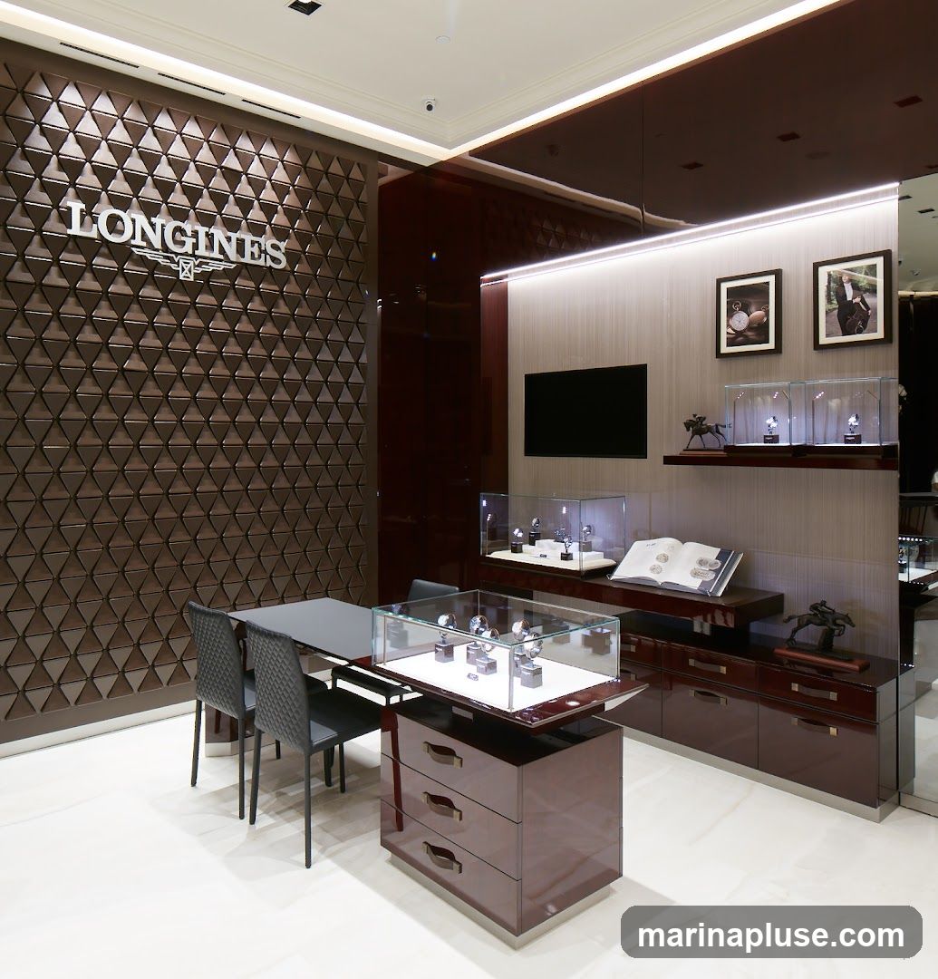 A well-lit interior display area for Longines watches. The wall features a textured geometric pattern with the prominent Longines logo. Display cases showcase various watches, and a table with chairs is set up for consultations. Framed pictures and decorative horse figurines adorn the shelves.