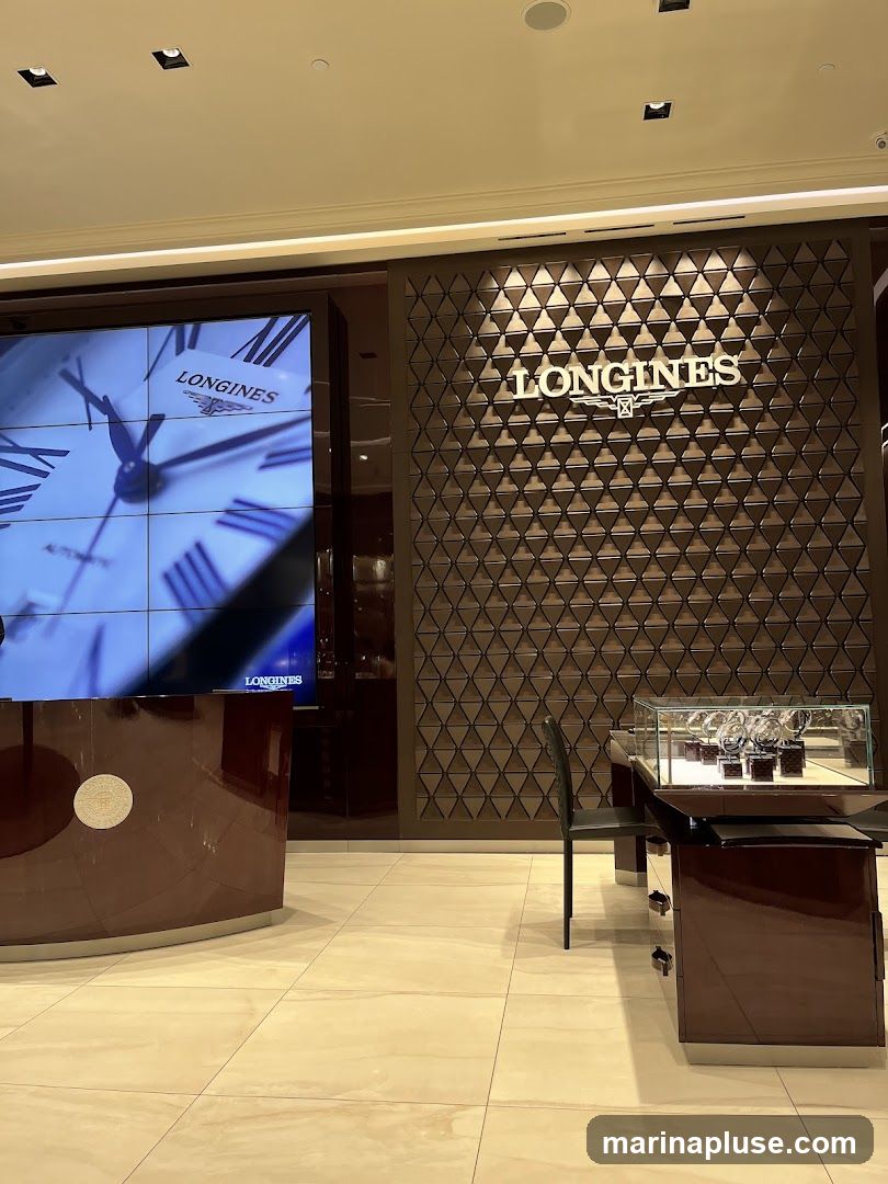 A display area for Longines watches, featuring a large screen showing a clock face with the Longines logo, a reception desk, and a glass display case with watches. The wall behind the display has a textured geometric pattern and the Longines logo is prominently displayed.