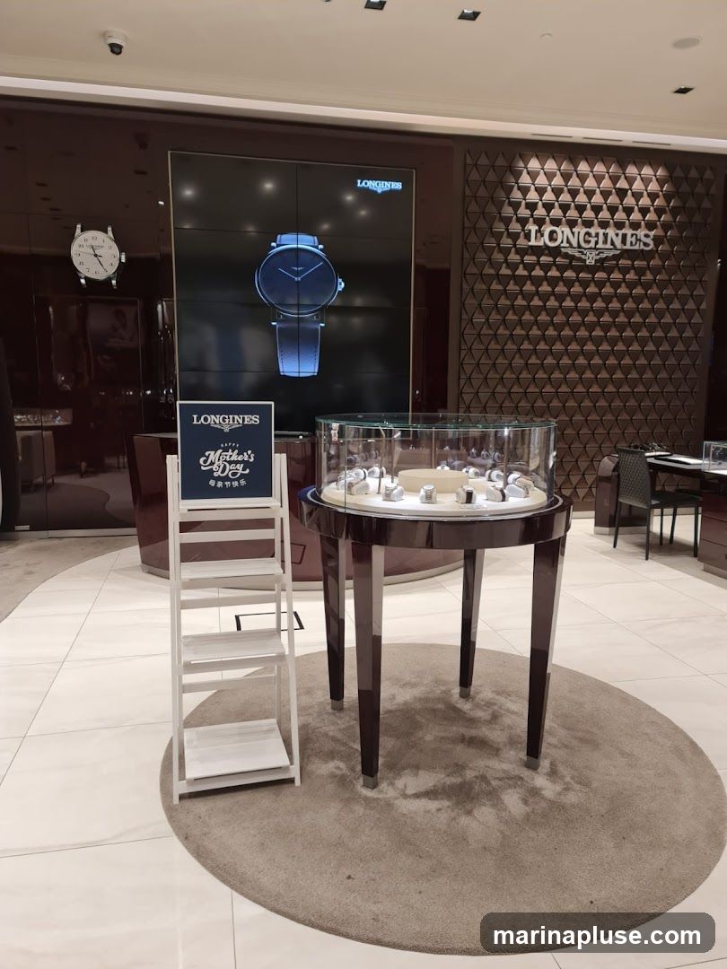 A Longines watch store interior featuring a large screen displaying a watch, a display case with watches on a round table, and a promotional stand for Mother's Day. The store has a luxurious and modern design with dark wood accents and a patterned wall.