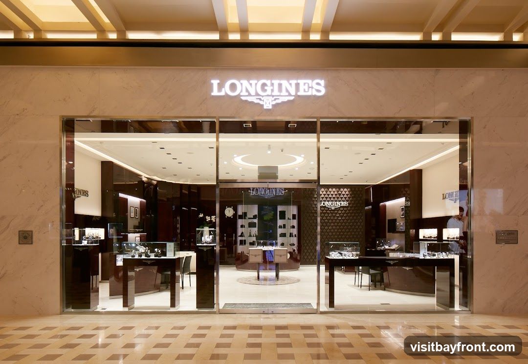A well-lit, modern storefront for a luxury watch brand. The facade features large glass windows displaying watches in illuminated cases. Above the entrance, the brand name "LONGINES" is prominently displayed in illuminated white lettering with its logo. The interior is visible through the glass, showing sleek display cabinets and a polished floor.
