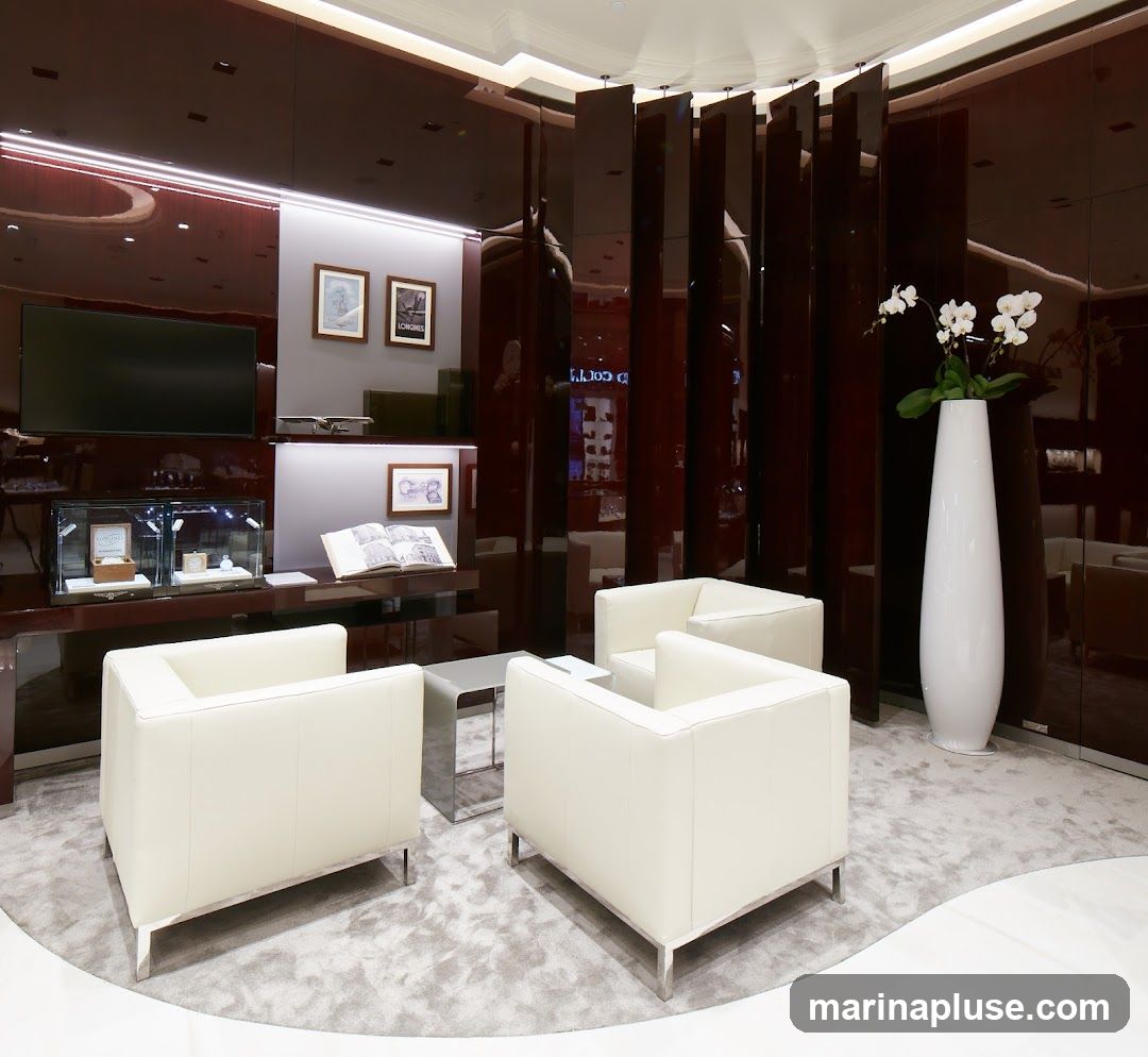 A well-lit, modern interior of a luxury watch store. The space features plush white seating areas with low coffee tables, set against a backdrop of dark, reflective panels. Display cases showcase watches, and artwork adorns the walls. A tall white vase with orchids adds a touch of elegance.