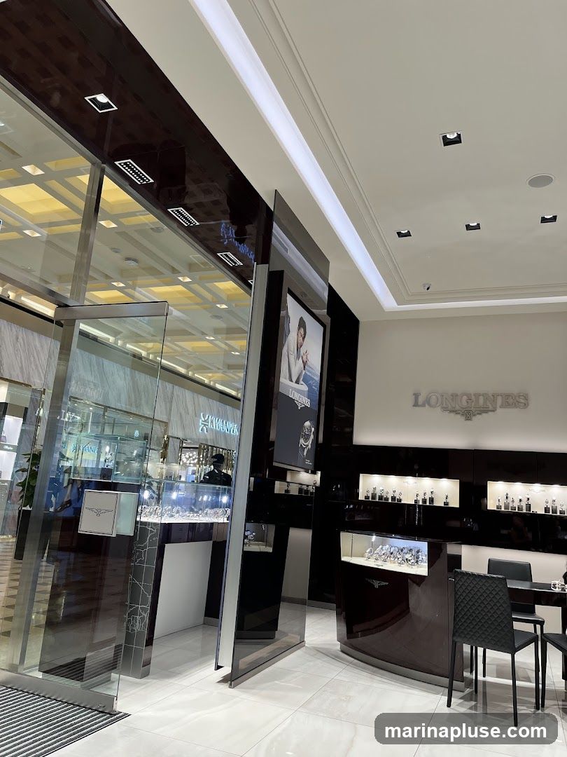 The exterior of a Longines watch store, with a large glass entrance and display windows showcasing watches. The Longines logo is prominently displayed on the wall inside the store. The interior features dark wood display cases and modern lighting.