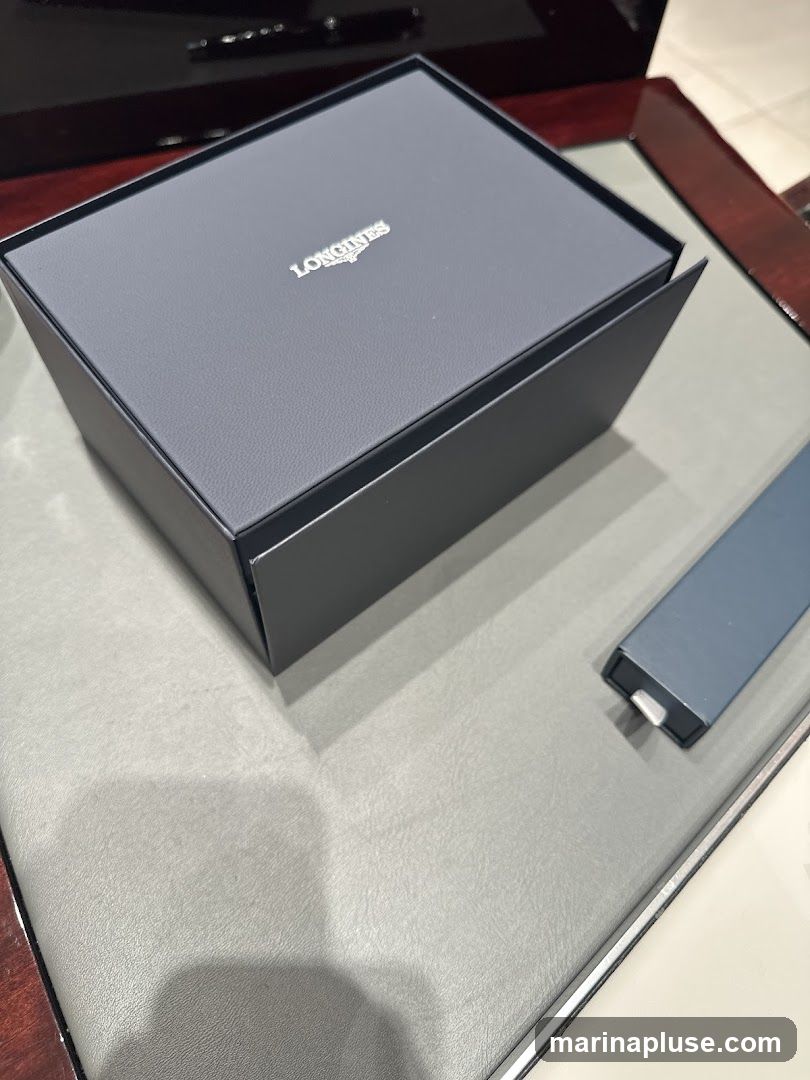 A dark gray Longines watch box is open on a gray textured surface. The Longines logo is visible on the lid of the box. A small, rectangular dark gray object with a white tip is to the right of the box.