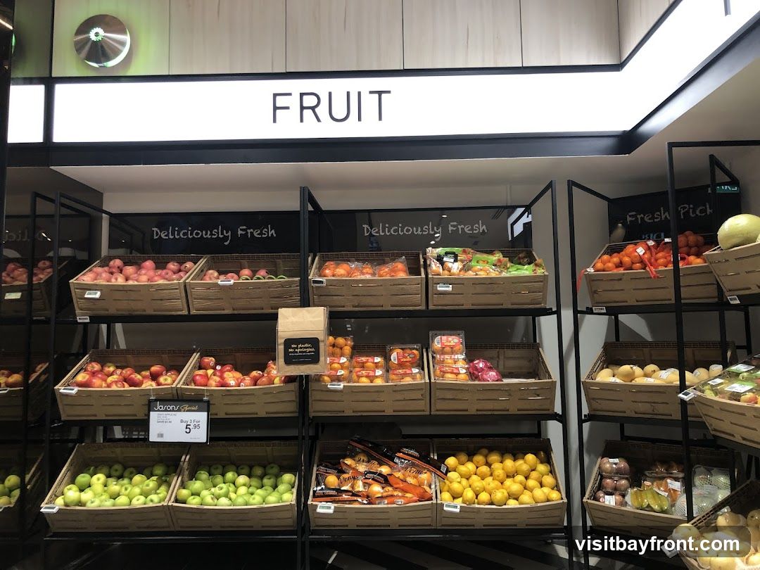 A grocery store display featuring various fruits in baskets. The sign above reads "FRUIT". Below, "Deliciously Fresh" is written. Fruits visible include apples, oranges, lemons, and other produce. A sign indicates "Jason's Special" with a price of "Buy 3 For $5.95". Another sign says "No plastic, no apologies."