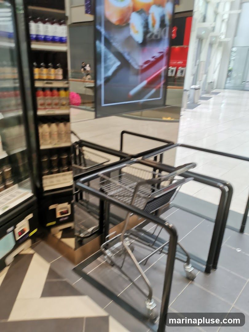 Shopping carts are lined up in a metal enclosure. To the left, a refrigerated display case shows rows of bottled beverages. In the background, a large digital screen displays an image of sushi. The floor has a geometric tile pattern.