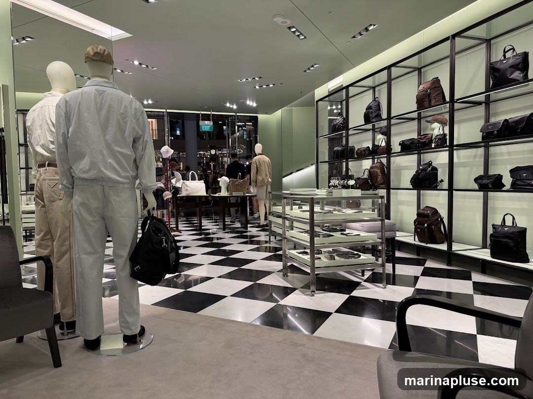 The image shows the interior of a high-end retail store. In the foreground, two mannequins are dressed in casual wear. To the right, shelves are filled with various handbags and backpacks. In the background, more merchandise is displayed on tables and shelves, and other shoppers can be seen. The floor has a distinctive black and white checkered pattern.