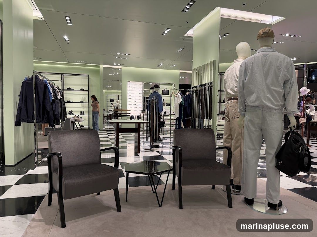 The image shows the interior of a modern clothing store. In the foreground, there are two dark grey armchairs with a small black glass-top table between them. To the right, two mannequins are displayed, one wearing a light blue tracksuit and the other a light-colored shirt and beige pants. Behind them, clothing racks with various garments are visible, along with shelves displaying shoes and accessories. A woman is seen browsing in the background. The floor has a distinctive black and white checkered pattern. The store appears well-lit with overhead lighting.
