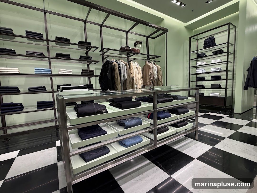 A well-lit interior of a Prada store with a distinctive black and white checkered floor. The walls are painted a pale green. Clothing items, including folded sweaters, shirts, and denim, are neatly displayed on metal shelves and in glass display cases. Racks of jackets and shirts are also visible. A backpack is displayed on a high shelf.