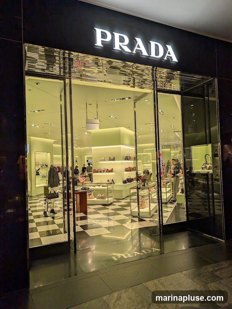 The exterior of a Prada store with a large illuminated Prada sign above the entrance. The storefront features large glass windows and doors, revealing a brightly lit interior with displays of handbags and clothing. The floor inside has a black and white checkered pattern. The Prada logo is also visible on the floor outside the entrance.