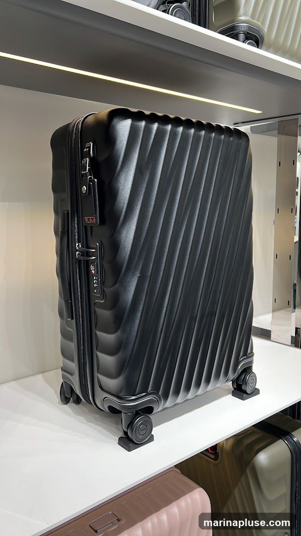 A black Tumi suitcase is displayed on a white shelf. The suitcase has a textured, ribbed exterior and a black handle with a TSA-approved lock. A Tumi luggage tag is attached to the handle. Other suitcases in various colors are visible on shelves above and below.