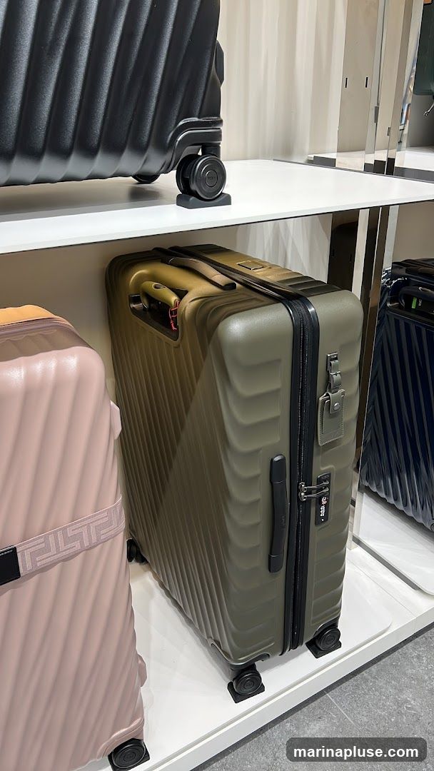 A display of various suitcases, including a green, a pink, and a black one. The suitcases are on white shelves, with mirrors in the background.