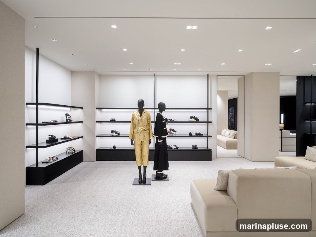 A spacious and elegantly designed retail interior, likely a high-end fashion boutique. The space features minimalist shelving displaying shoes, mannequins dressed in designer clothing, and plush seating areas. The color palette is neutral, with white walls, black accents, and beige furniture, creating a sophisticated and uncluttered atmosphere. The lighting is soft and ambient, highlighting the merchandise. In the background, a glimpse into another section of the store reveals more seating and display areas.