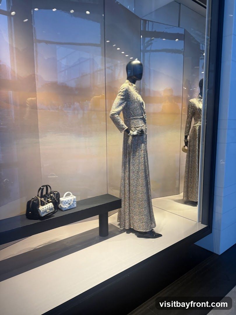 A fashion display window features mannequins dressed in elegant, long floral print dresses. A black bench displays two handbags, one black and one light blue, both with chain straps. The background is reflective, showing a blurred outdoor scene and interior lighting.