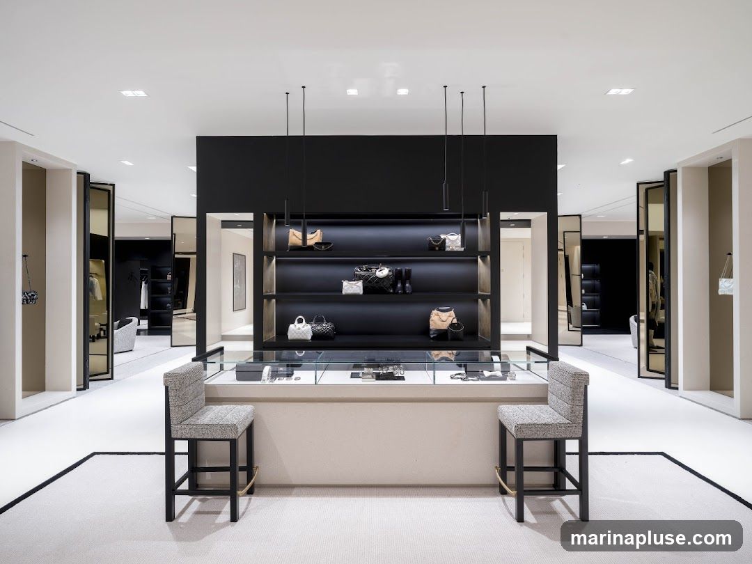 A well-lit, modern retail space showcasing luxury handbags and accessories on shelves and in display cases. The interior features a minimalist design with neutral tones, black shelving units, and elegant seating. Multiple doorways lead to other sections of the store, which also appear to be stocked with merchandise.