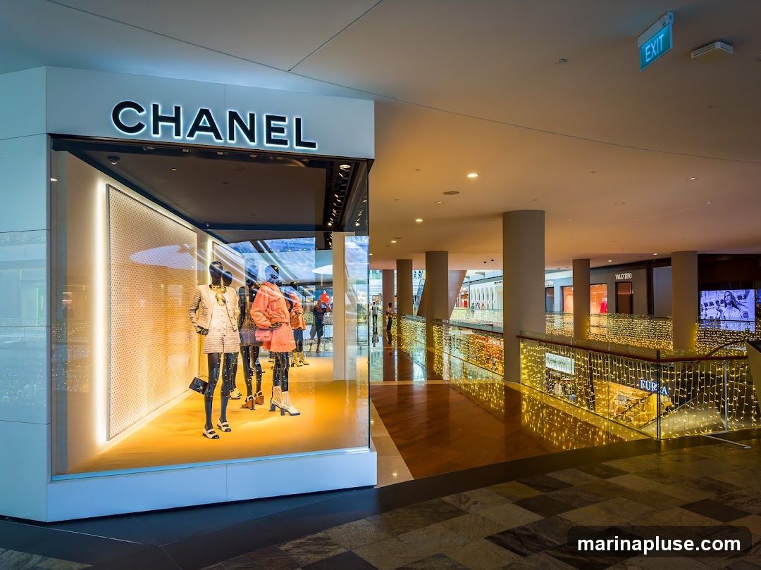 The exterior of a Chanel store with mannequins displaying outfits in the window. The store has a large illuminated sign that reads "CHANEL". The surrounding area appears to be a well-lit shopping mall with decorative lights and other storefronts visible in the distance.