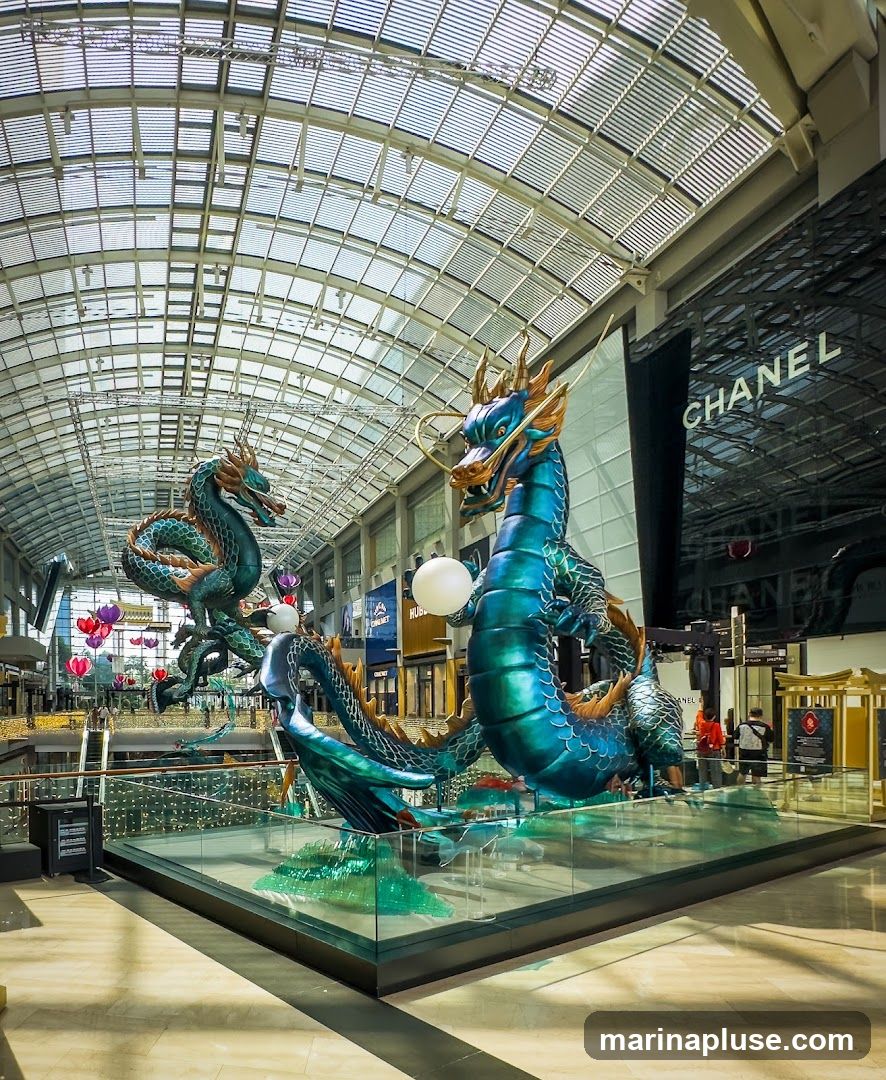 Two large, ornate dragon sculptures are displayed in the atrium of a modern shopping mall. The dragons are teal and gold, with intricate scales and flowing manes. One dragon holds a white orb. The mall features a glass ceiling, multiple levels, and various storefronts, including a prominent CHANEL store. Decorative lanterns are suspended in the background.