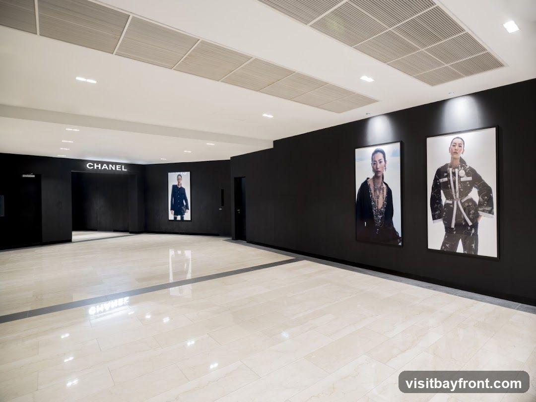 The interior of a Chanel store with a black wall displaying large framed photographs of models. The floor is made of polished beige tiles. A prominent "CHANEL" sign is visible above an entranceway.