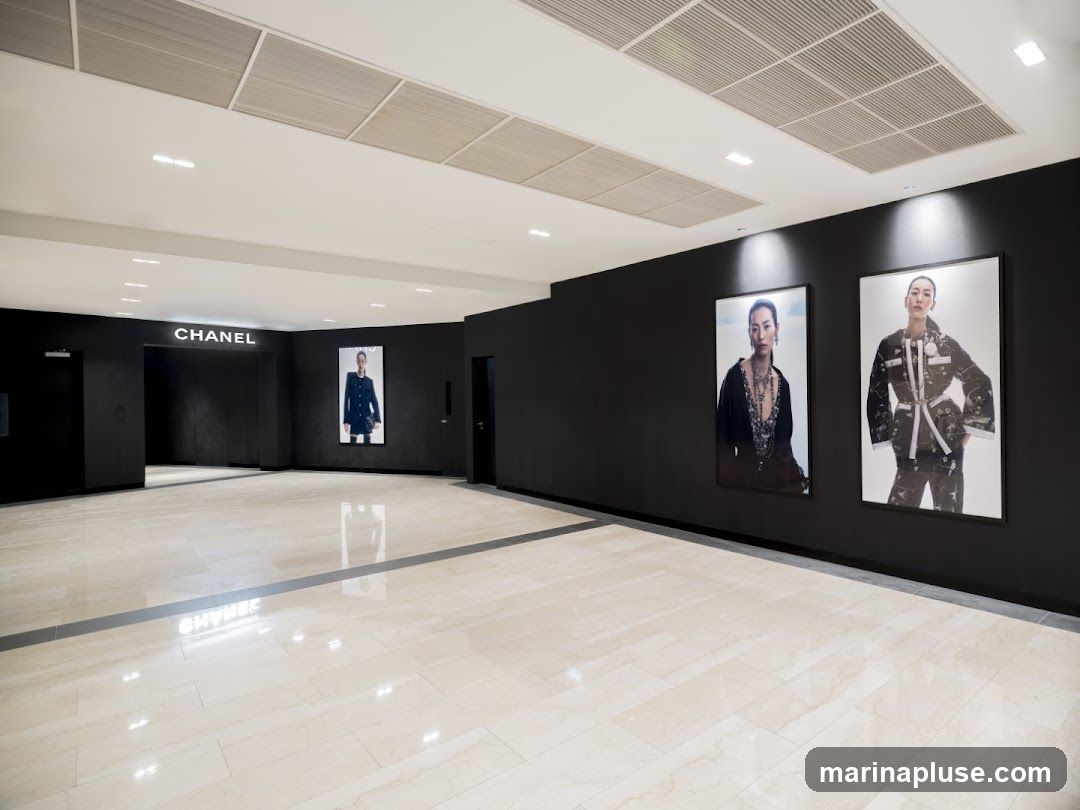 The interior of a Chanel store with a black wall displaying large framed photographs of models. The floor is made of polished beige tiles. A prominent "CHANEL" sign is visible above an entranceway.