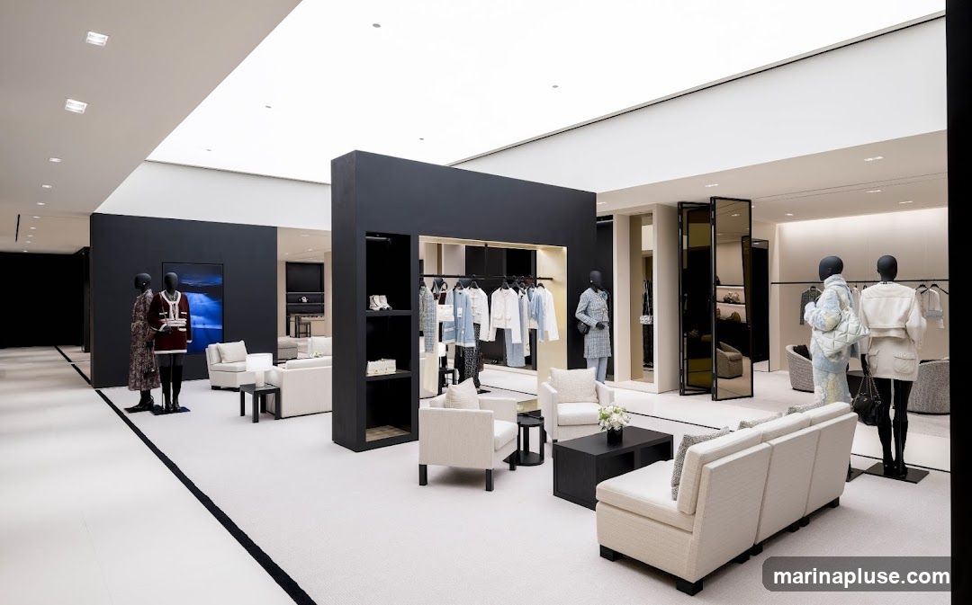 A spacious and elegantly designed Chanel boutique interior. Mannequins are dressed in the brand's signature tweed suits and dresses. Racks of clothing, including jackets and skirts, are neatly displayed. Seating areas with plush sofas and armchairs are arranged for customers. The store features a minimalist aesthetic with a neutral color palette, accented by modern lighting and artwork.