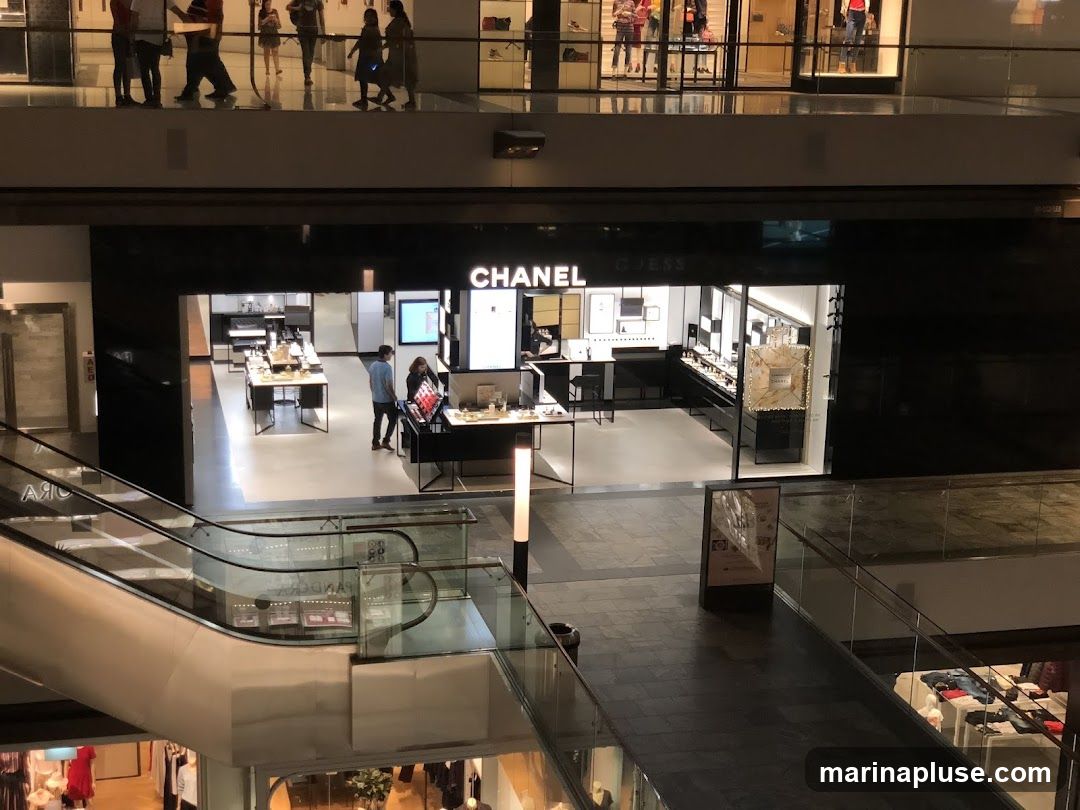 The exterior of a Chanel store is visible, with the brand name prominently displayed above the entrance. Inside, displays of merchandise and customers can be seen. The store is located within a multi-level shopping mall, with escalators and other shops visible in the background.