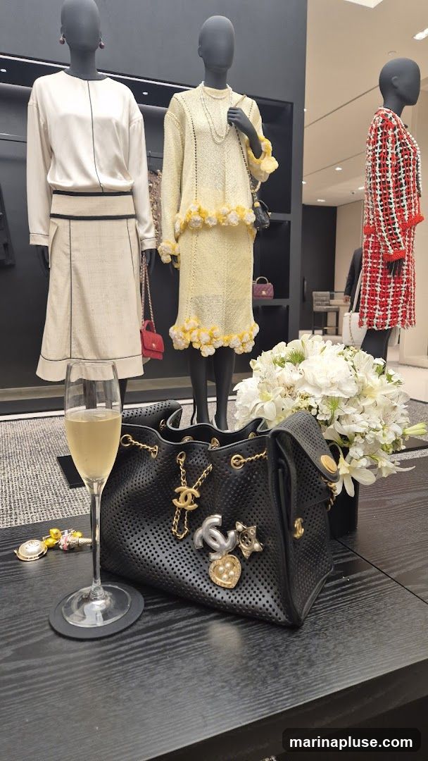 A display featuring three mannequins dressed in Chanel outfits. The first mannequin on the left wears a cream-colored skirt suit with black trim. The middle mannequin is dressed in a yellow knit sweater and skirt adorned with yellow floral embellishments. The mannequin on the right is wearing a red, white, and black tweed suit. In the foreground, a black perforated bucket bag with Chanel charms is displayed next to a glass of champagne and a bouquet of white flowers.