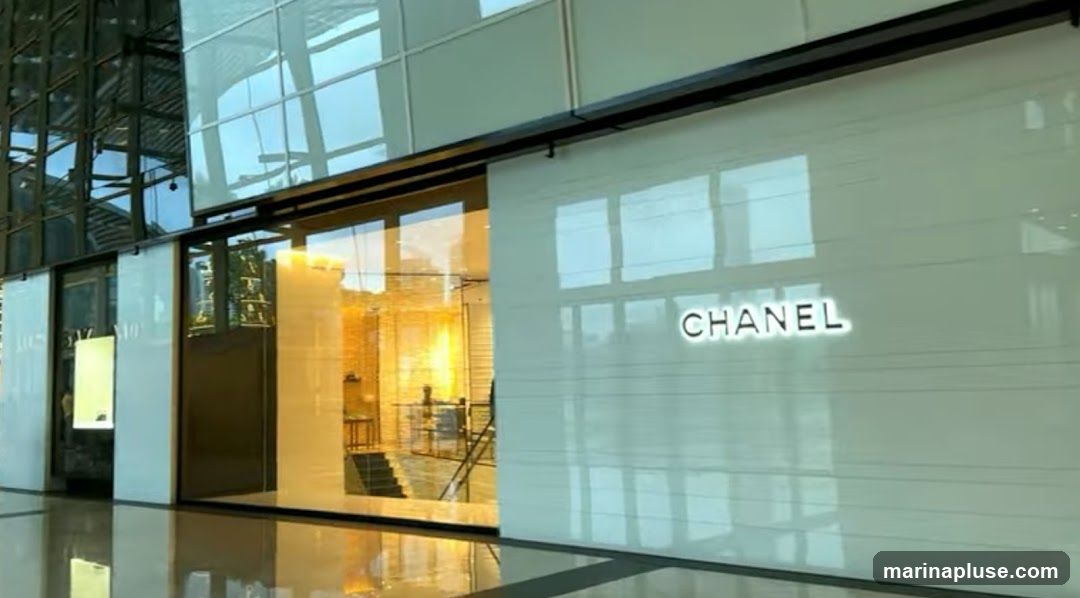 A modern, sleek storefront with large glass windows and a prominent "CHANEL" logo illuminated in white. The facade is primarily white with horizontal lines, reflecting the surrounding environment. Through the glass, the interior appears warmly lit, with displays and architectural elements visible.