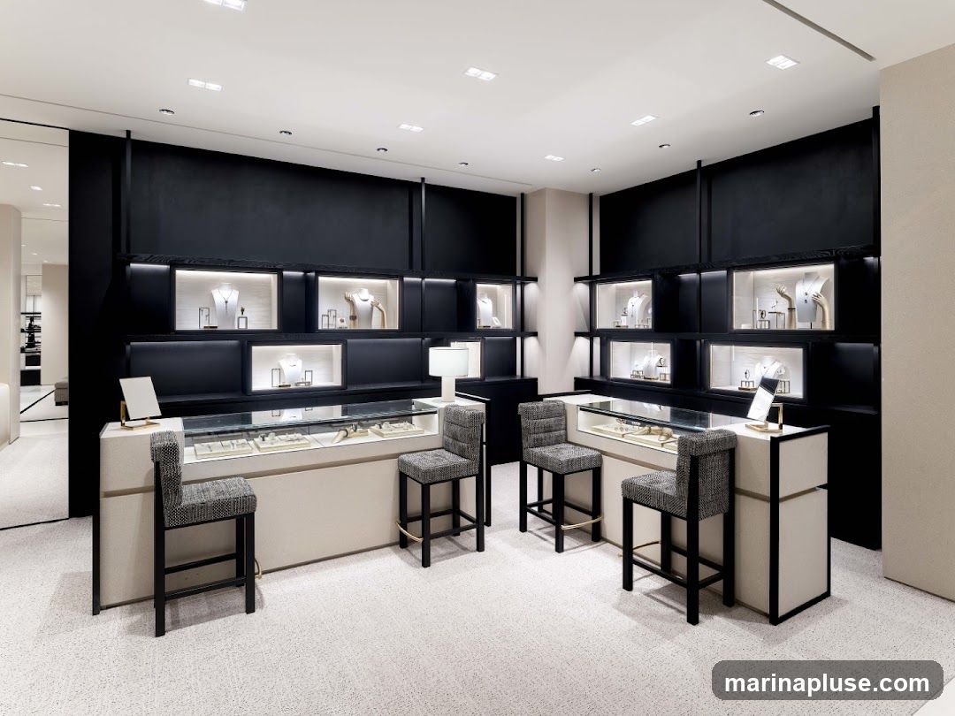 A well-lit and modern jewelry store interior featuring display cases filled with necklaces, bracelets, and rings. Several mannequins showcase necklaces and earrings. The store has a minimalist design with black and beige accents, and comfortable seating areas with upholstered stools.