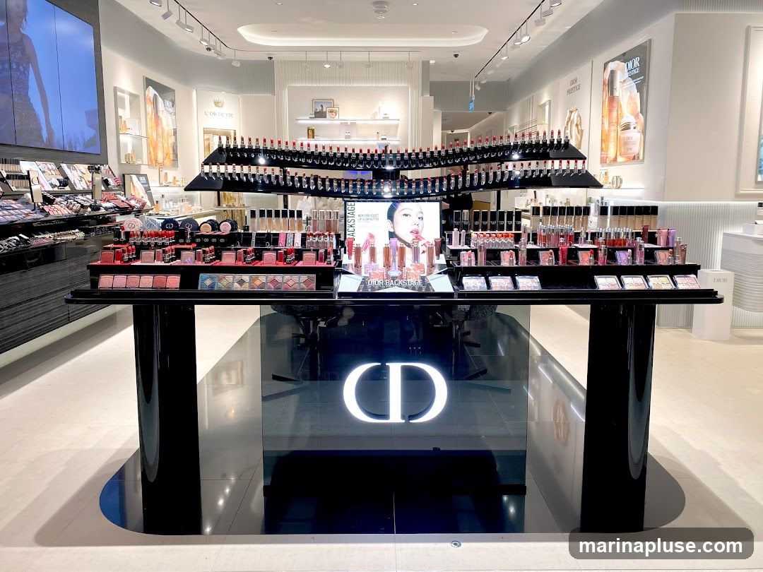 A well-lit interior view of a Dior cosmetics display featuring numerous lipsticks, eyeshadow palettes, and foundation bottles arranged on tiered shelves. A large illuminated Dior logo is visible on the central display stand. Promotional posters and product shelves are visible in the background.