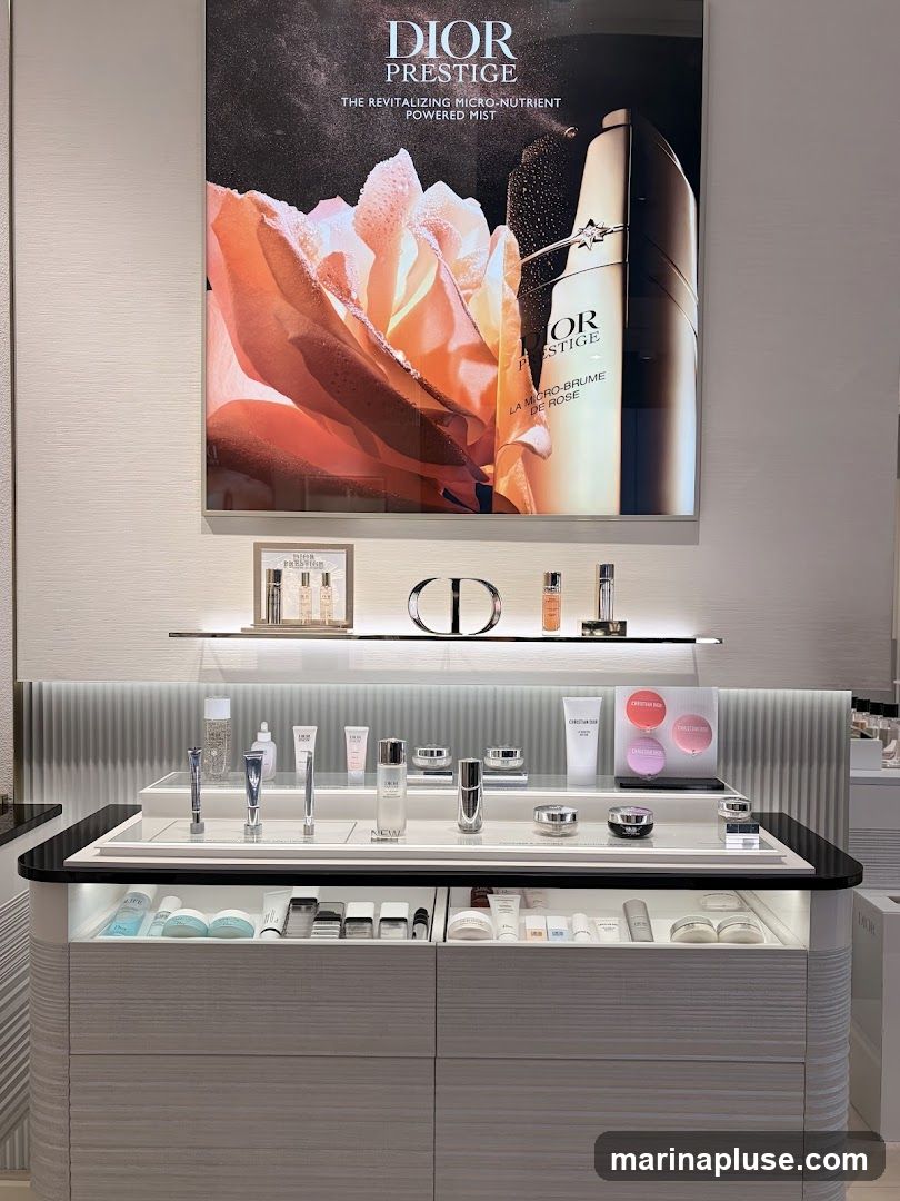 A display of Dior Prestige skincare products, featuring a large advertisement for the Revitalizing Micro-Nutrient Powered Mist with a rose motif. The display includes various bottles, jars, and compacts of skincare products arranged on shelves and within a lit cabinet. The Dior logo is visible on some products and as a decorative element.