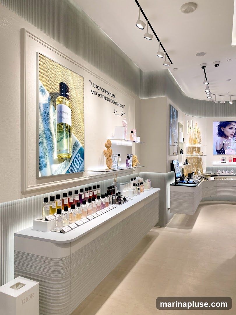 A well-lit interior view of a Dior store, showcasing a display of perfumes on a curved counter. A large framed advertisement featuring a Dior perfume bottle and the quote "A DROP OF PERFUME AND YOU'RE DRESSED IN DIOR" is prominently displayed on the wall. Various perfume bottles are arranged on shelves and the counter, with additional displays and promotional imagery visible in the background. A Dior branded tissue box is on the floor.