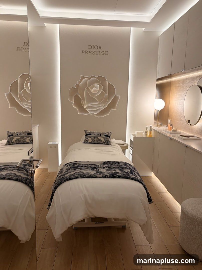 A clean and modern treatment room with a massage bed covered in white linens and a decorative throw. The wall features the "Dior Prestige" logo and a large, illuminated rose motif. A vanity area with a mirror, lamp, and skincare products is visible on the right. The room has a luxurious and serene ambiance.
