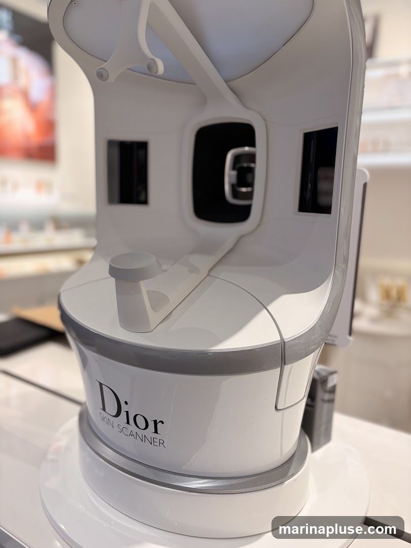 A close-up of a white Dior Skin Scanner device with a gray trim. The Dior logo and the words "SKIN SCANNER" are visible on the front of the device. The background is blurred, showing shelves with products, suggesting it is in a retail environment.