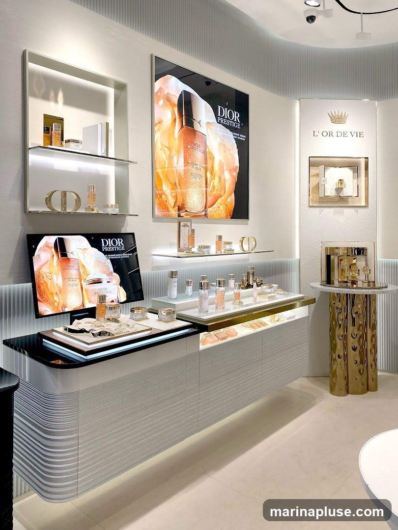A well-lit display of Dior Prestige skincare products. The display features a large advertisement for Dior Prestige serum, a digital screen showing product imagery, and shelves stocked with various bottles and jars of skincare. A separate section highlights the 'L'OR DE VIE' line with a crown logo. The overall aesthetic is luxurious and modern, with white and gold accents.