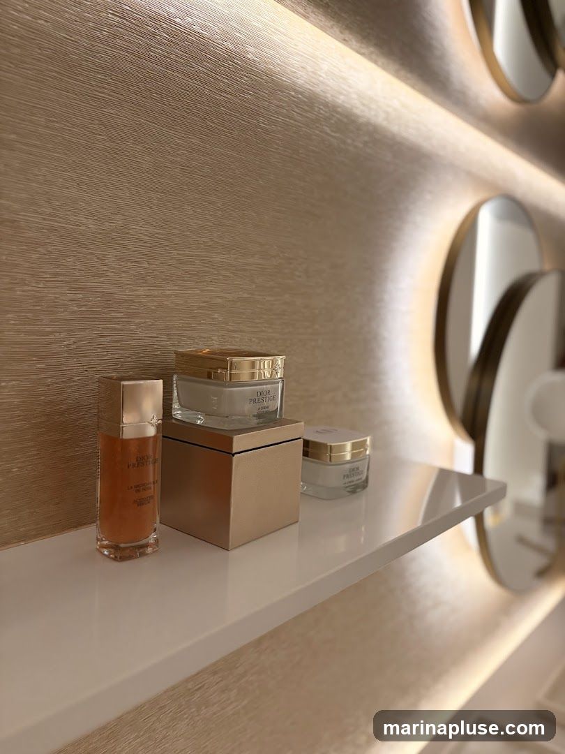 A close-up shot of a shelf displaying Dior Prestige skincare products. On the left, a tall, hexagonal bottle of serum with a rose-gold hue is visible. To its right, a square, rose-gold box sits beneath a jar of cream. Further to the right, another jar of cream is placed on the shelf. The background features a textured, champagne-colored wall with integrated lighting, and several round, gold-rimmed mirrors are partially visible on the right side of the image.