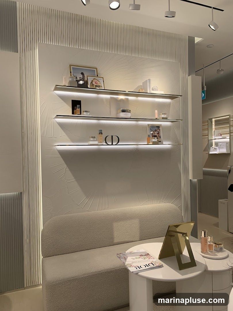 A well-lit interior display of Dior beauty products. Three shelves are mounted on a textured white wall, showcasing various perfumes, creams, and framed photographs. A plush, cream-colored sofa is positioned in front of the shelves, with a small white table holding a golden easel and a Dior magazine. Another small table to the right displays more Dior beauty products.