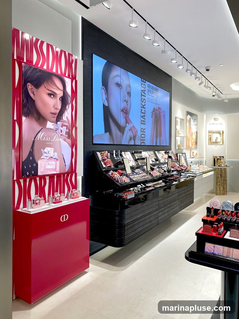 A well-lit interior of a Dior beauty store, showcasing various makeup products and promotional displays. On the left, a large vertical display features an advertisement for Miss Dior perfume with a model's image. Below it, a red display unit holds several bottles of perfume. In the center, a large digital screen displays an advertisement for "New Dior Addict Lip Glow Butter" with a model applying lipstick. In front of the screen, a long black counter is filled with an extensive collection of Dior makeup, including lipsticks, eyeshadow palettes, and foundations. To the right, another display unit showcases more Dior lipsticks and compact makeup products. The store has a clean, modern aesthetic with white walls and floors, and track lighting illuminating the displays.