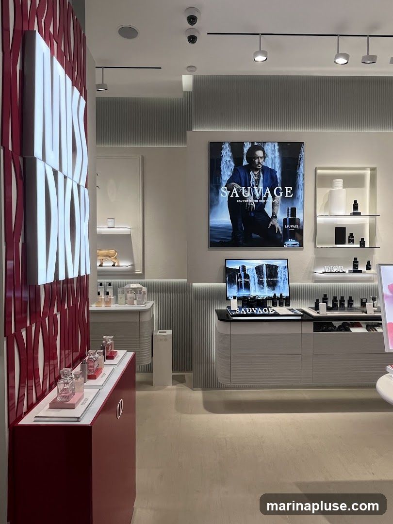 A well-lit interior of a Dior fragrance store. A large advertisement featuring Johnny Depp for Sauvage fragrance is prominently displayed. Various Dior perfumes and skincare products are arranged on shelves and display stands. The store features modern, clean design with white and grey tones, accented by a red display unit on the left.