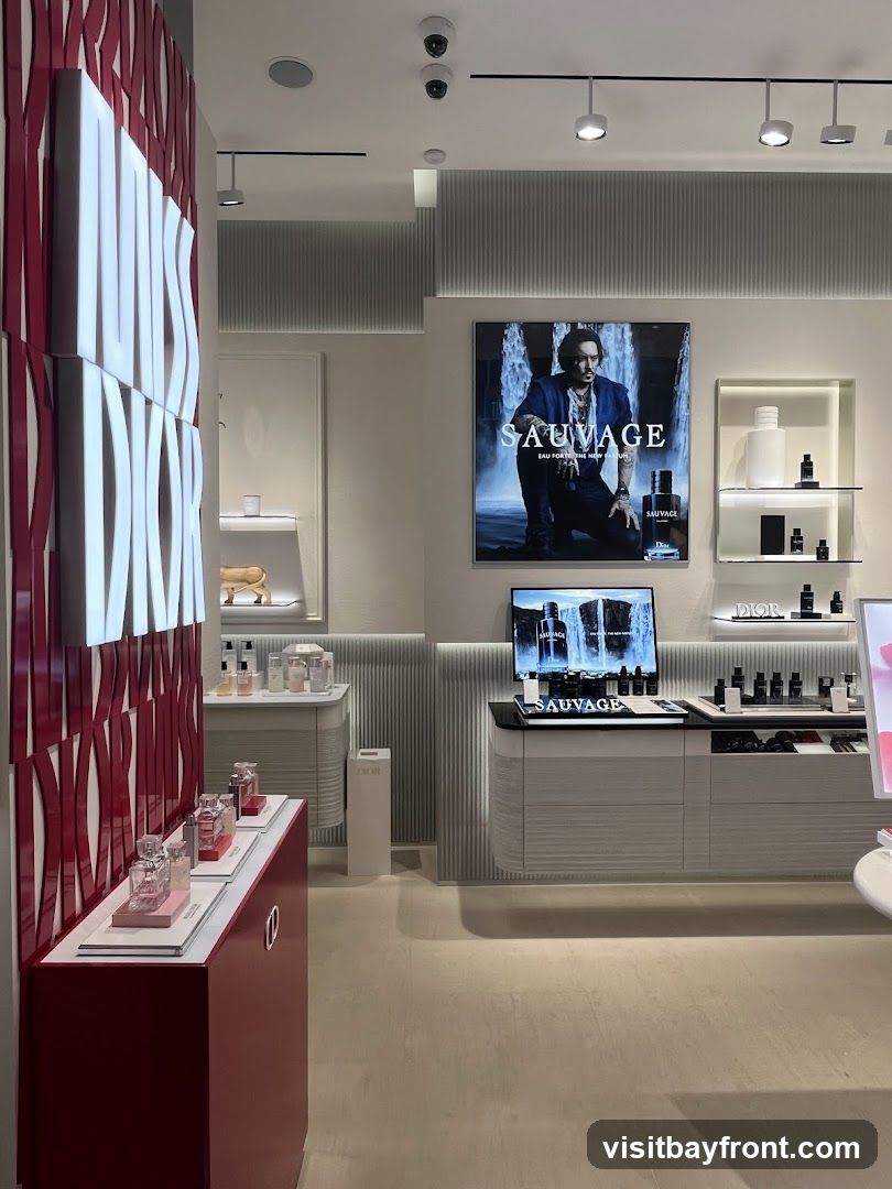 A well-lit interior of a Dior fragrance store. A large advertisement featuring Johnny Depp for Sauvage fragrance is prominently displayed. Various Dior perfumes and skincare products are arranged on shelves and display stands. The store features modern, clean design with white and grey tones, accented by a red display unit on the left.