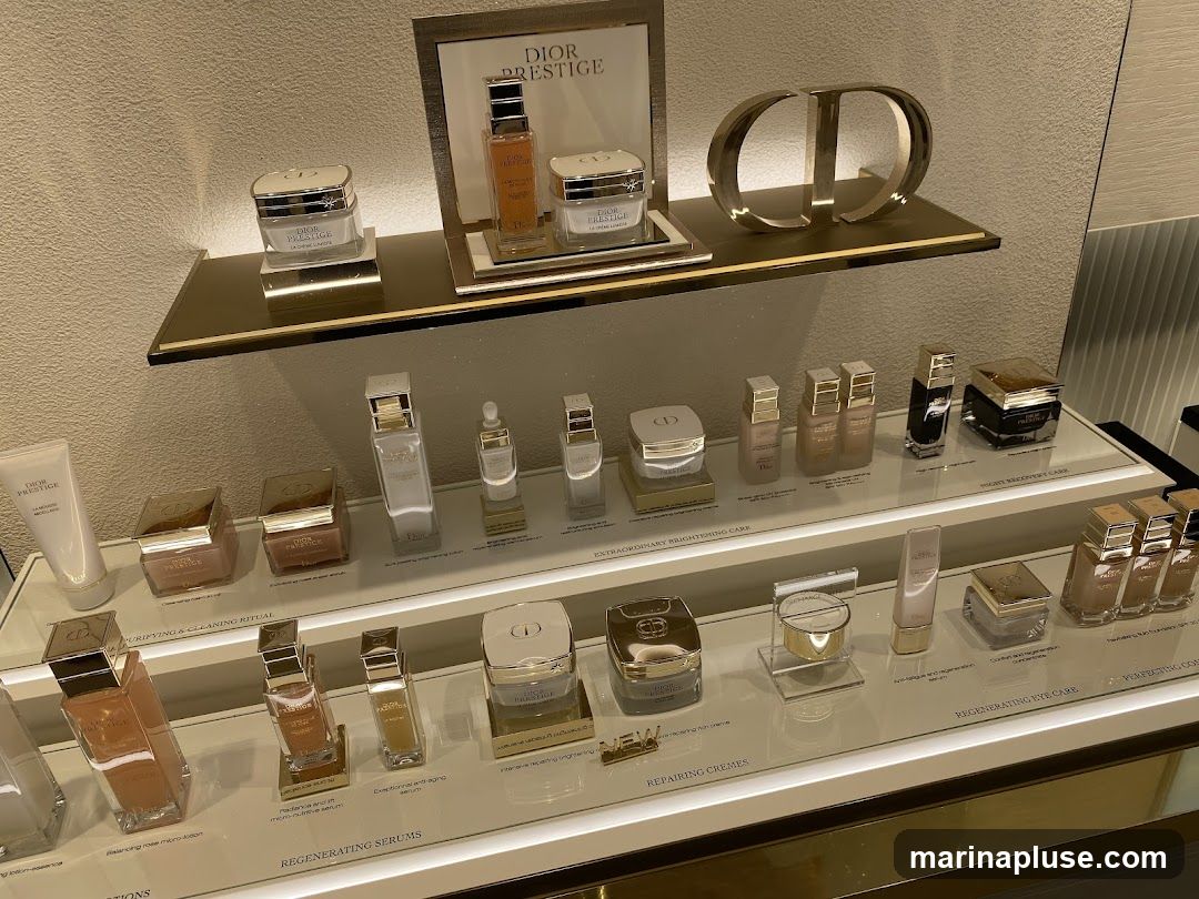 A display of Dior Prestige skincare products, including creams, serums, and lotions, arranged on shelves. The products are in elegant packaging, with gold and silver accents. A large, metallic Dior logo is visible on the top shelf.